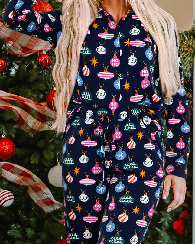 Navy Blue Christmas Lights Pajama Set
