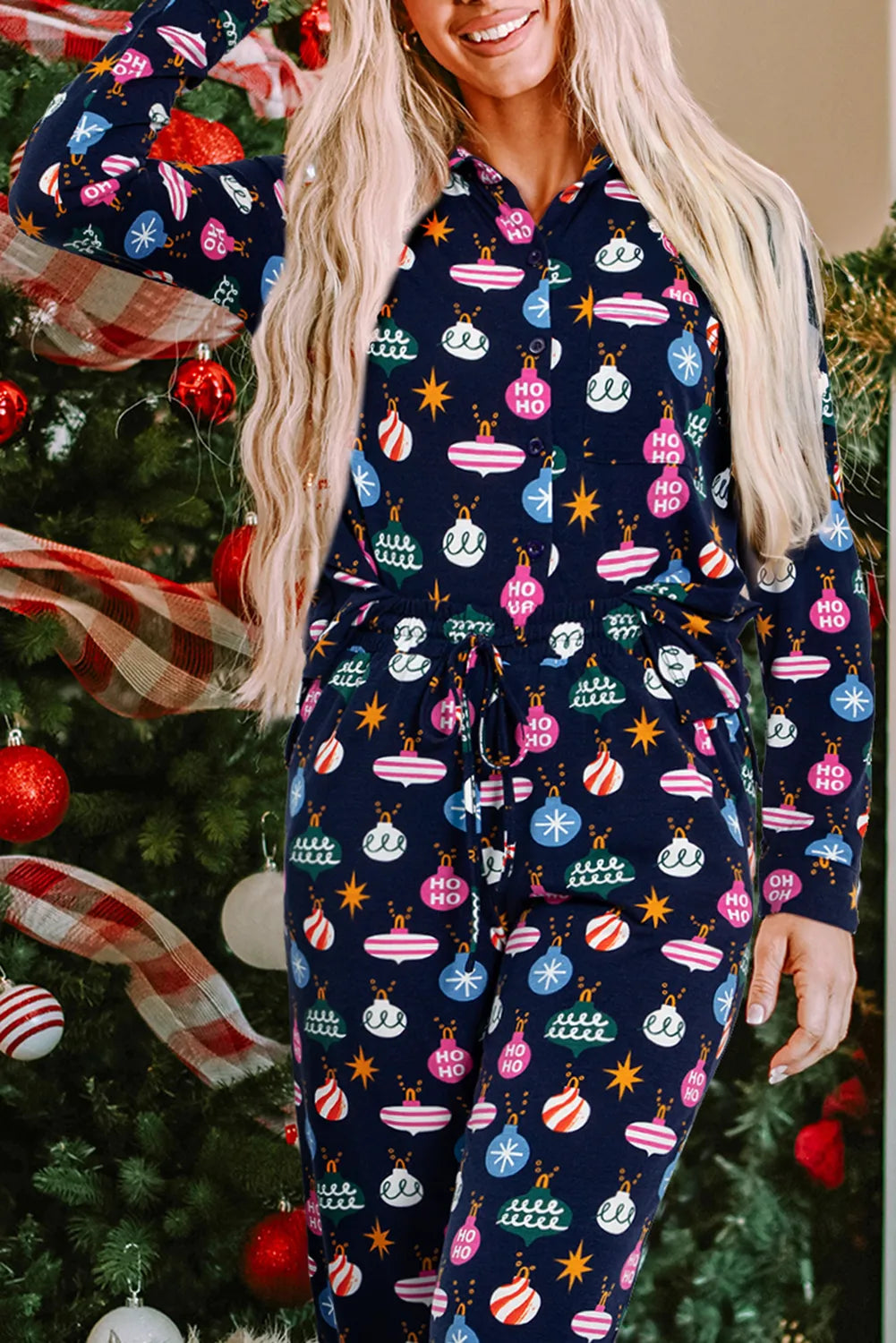 Navy Blue Christmas Lights Pajama Set