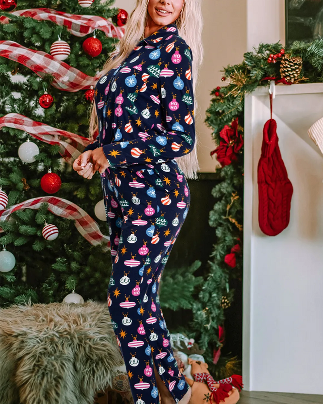 Navy Blue Christmas Lights Pajama Set
