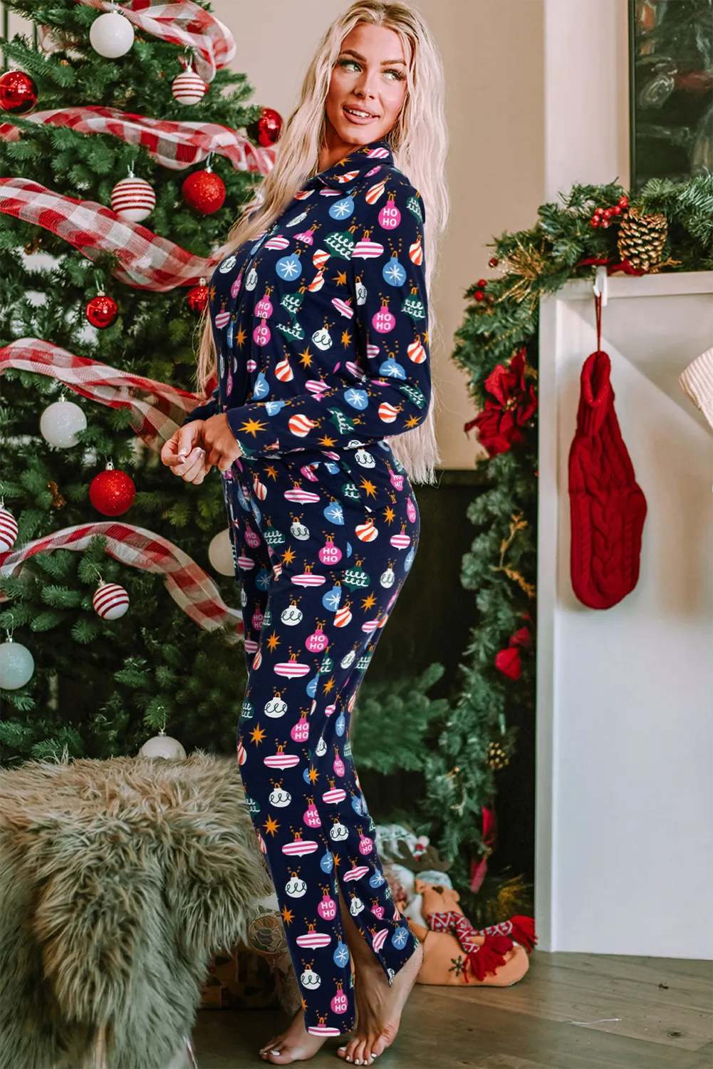 Navy Blue Christmas Lights Pajama Set