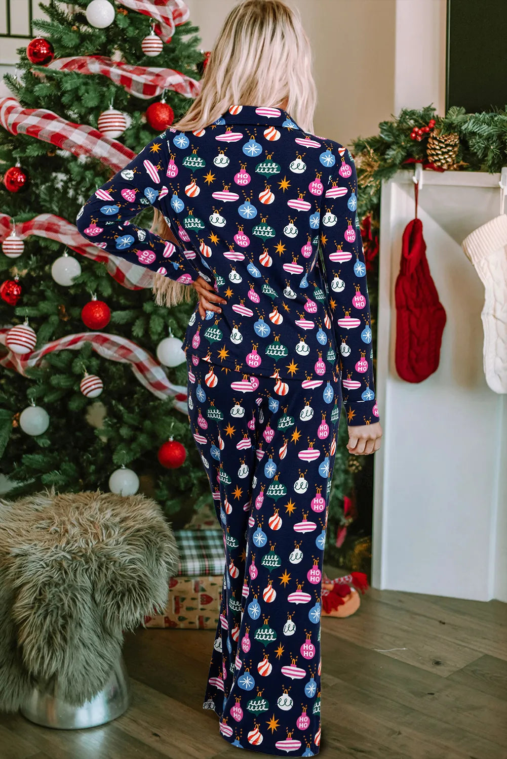 Navy Blue Christmas Lights Pajama Set