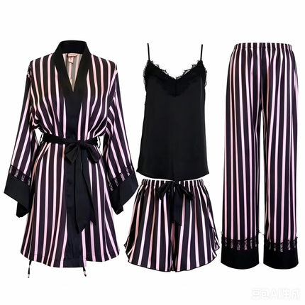 3PCS Satin PJ Set with Strippy Design & Black Lace Trim