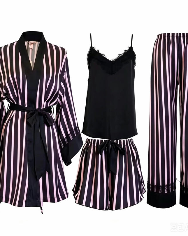 3PCS Satin PJ Set with Strippy Design & Black Lace Trim