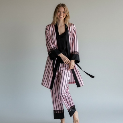 3PCS Satin PJ Set with Strippy Design & Black Lace Trim