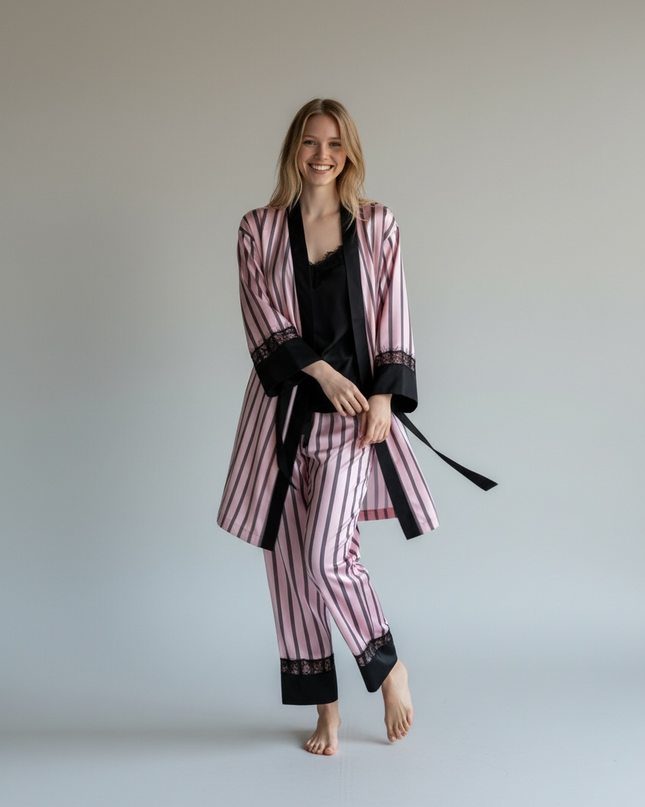 3PCS Satin PJ Set with Strippy Design & Black Lace Trim