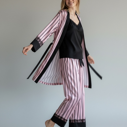 3PCS Satin PJ Set with Strippy Design & Black Lace Trim