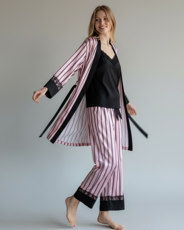 3PCS Satin PJ Set with Strippy Design & Black Lace Trim