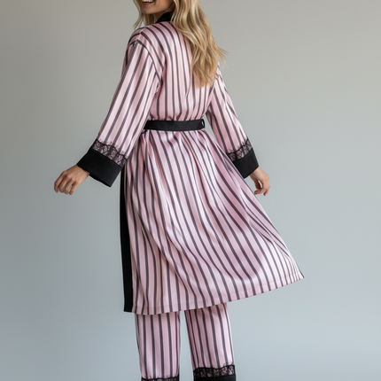 3PCS Satin PJ Set with Strippy Design & Black Lace Trim