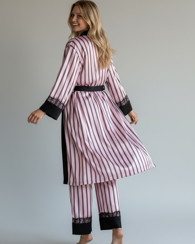 3PCS Satin PJ Set with Strippy Design & Black Lace Trim