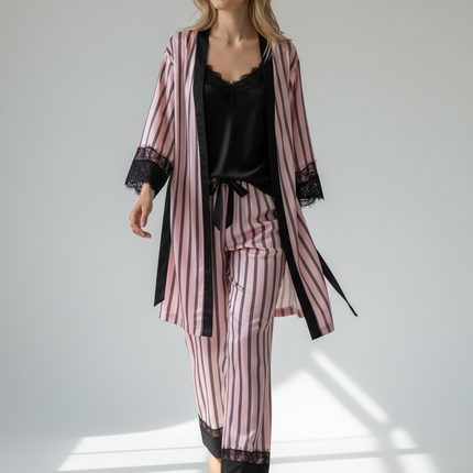 3PCS Satin PJ Set with Strippy Design & Black Lace Trim