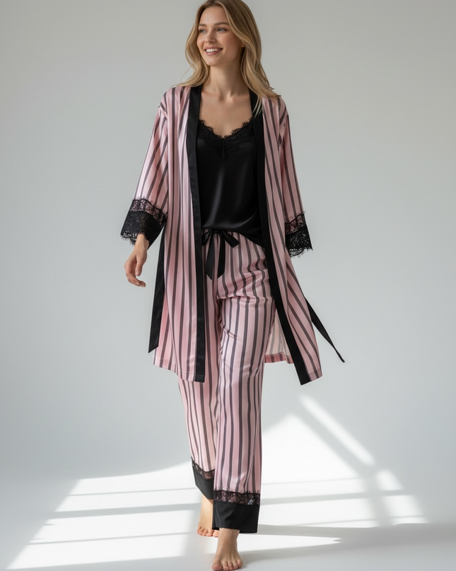 3PCS Satin PJ Set with Strippy Design & Black Lace Trim