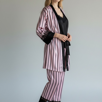 3PCS Satin PJ Set with Strippy Design & Black Lace Trim