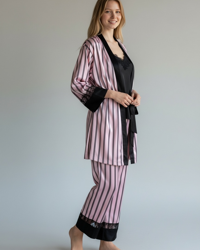 3PCS Satin PJ Set with Strippy Design & Black Lace Trim