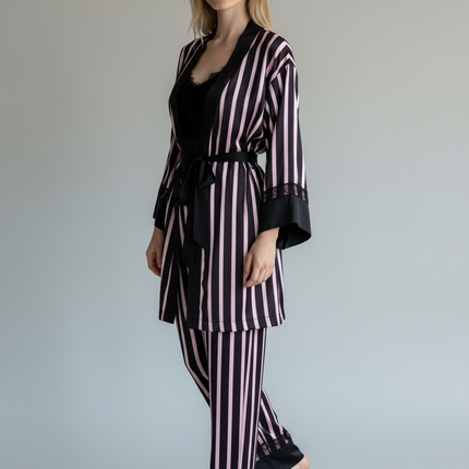 Satin PJ Set with Strip Design & Black Lace Trim 3pcs