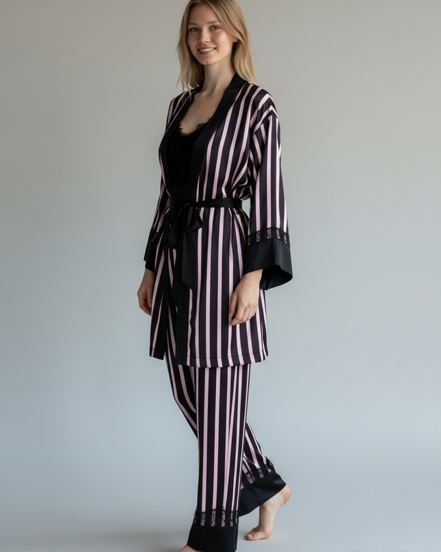 Satin PJ Set with Strip Design & Black Lace Trim 3pcs
