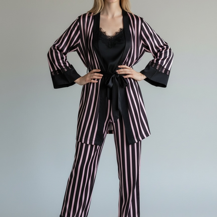 Satin PJ Set with Strip Design & Black Lace Trim 3pcs