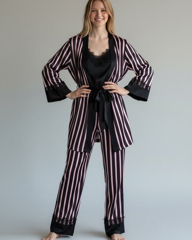 Satin PJ Set with Strip Design & Black Lace Trim 3pcs