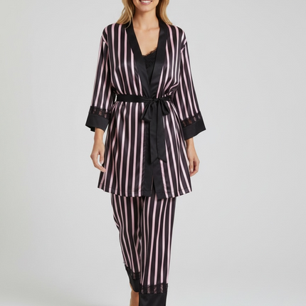 Satin PJ Set with Strip Design & Black Lace Trim 3pcs
