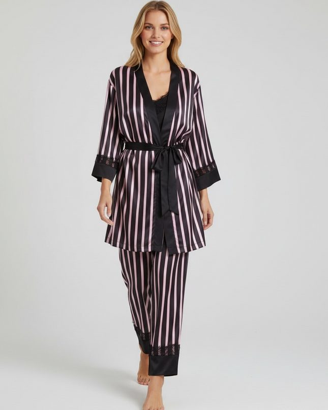 Satin PJ Set with Strip Design & Black Lace Trim 3pcs