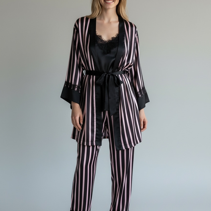 Satin PJ Set with Strip Design & Black Lace Trim 3pcs