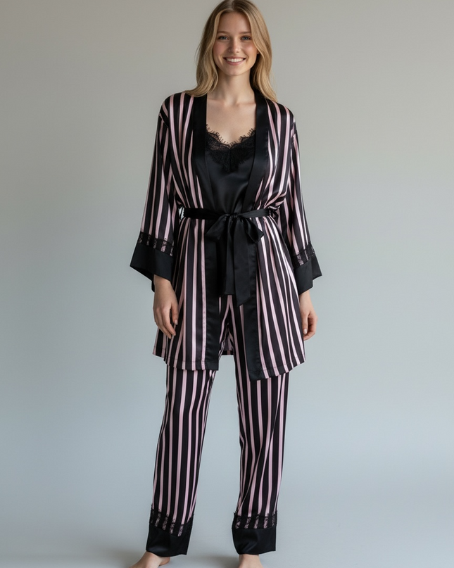 Satin PJ Set with Strip Design & Black Lace Trim 3pcs