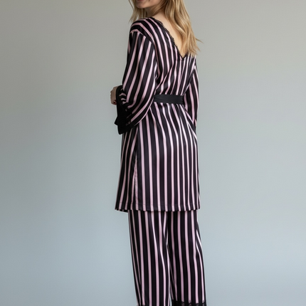 Satin PJ Set with Strip Design & Black Lace Trim 3pcs