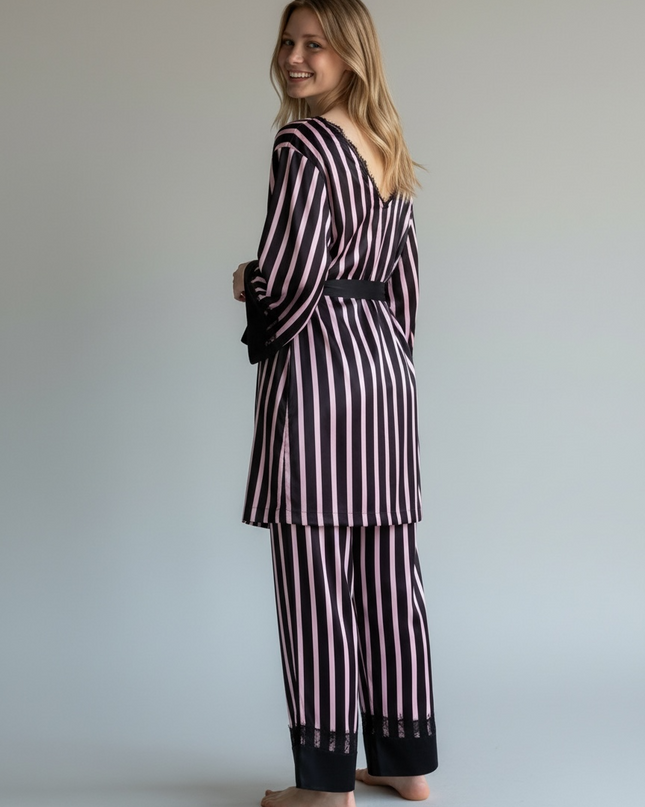 Satin PJ Set with Strip Design & Black Lace Trim 3pcs