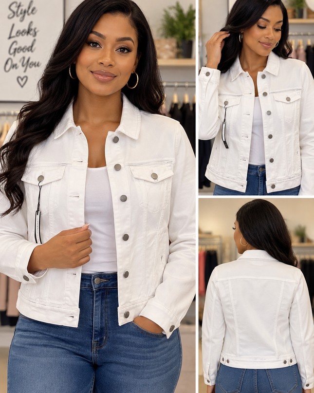 Women White Denim Stretchy Jacket