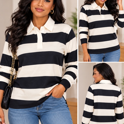 Black & Cream Striped Long-Sleeve Polo Shirt