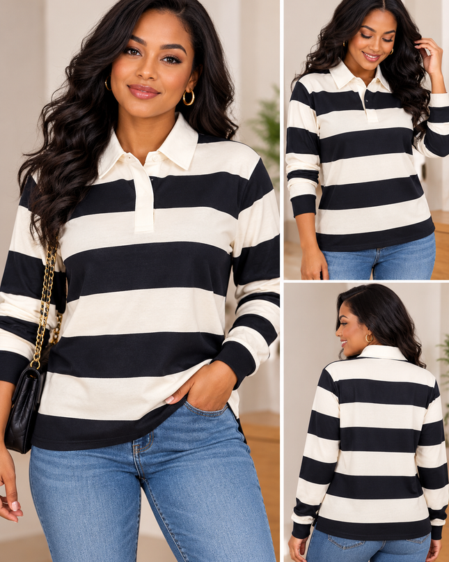 Black & Cream Striped Long-Sleeve Polo Shirt