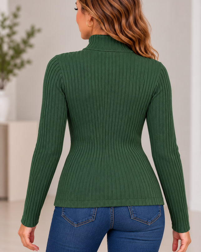 Women’s Ribbed Mock Neck Long-Sleeve Top Dark Green