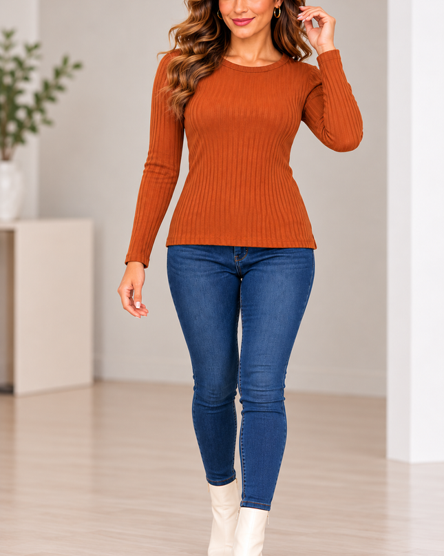 Ribbed Long Sleeve Top – Rust