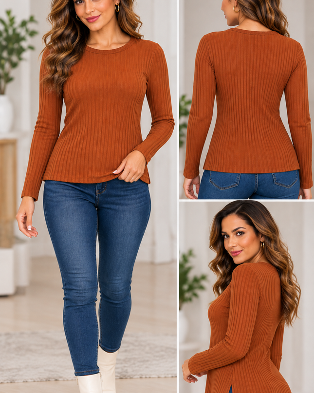 Ribbed Long Sleeve Top – Rust