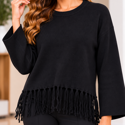 Fringe Hem Knit Sweater – Black