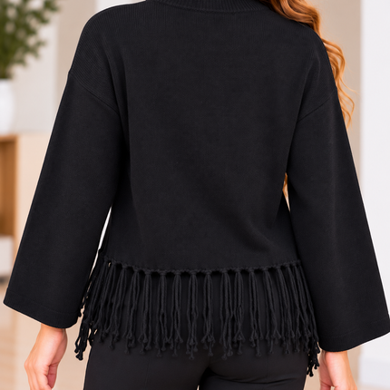 Fringe Hem Knit Sweater – Black