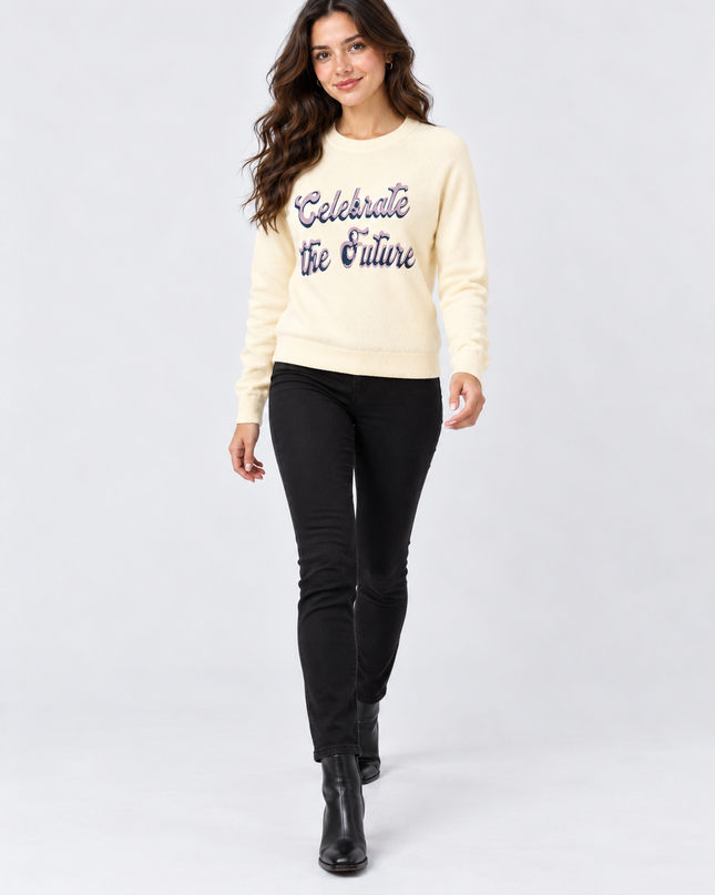 Women's Teal Celebrate the Future Knit Sweater  Cream