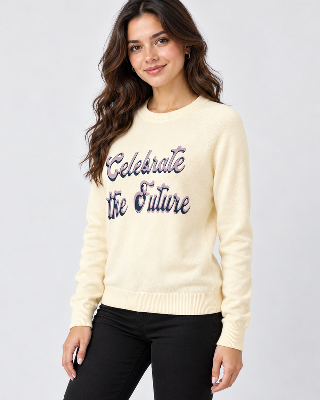 Women's Teal Celebrate the Future Knit Sweater  Cream