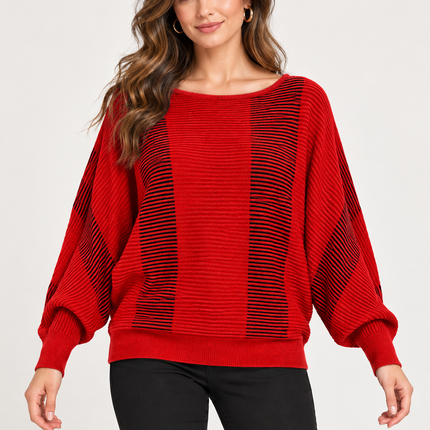 Women’s Red & Black Striped Batwing Knit Sweater