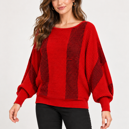 Women’s Red & Black Striped Batwing Knit Sweater