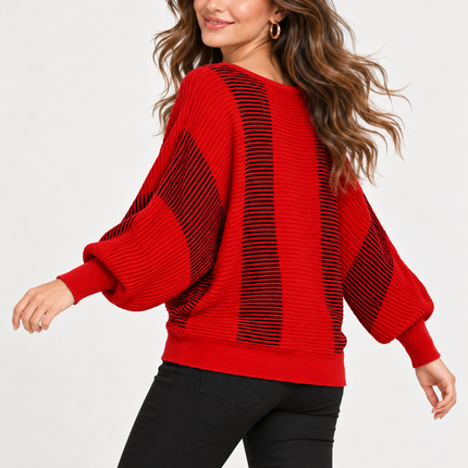 Women’s Red & Black Striped Batwing Knit Sweater