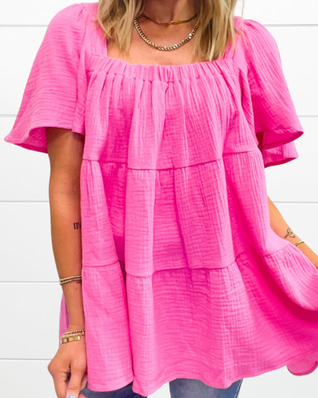 Pink Square Neck Flutter Sleeve Tiered  Blouse