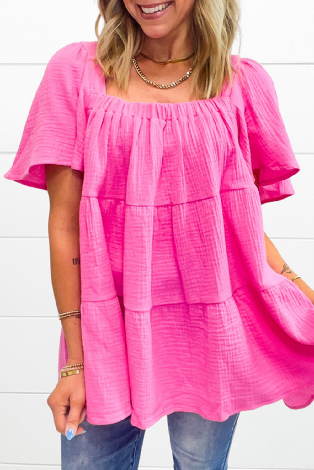 Pink Square Neck Flutter Sleeve Tiered  Blouse