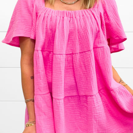 Pink Square Neck Flutter Sleeve Tiered  Blouse