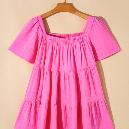 Pink Square Neck Flutter Sleeve Tiered  Blouse