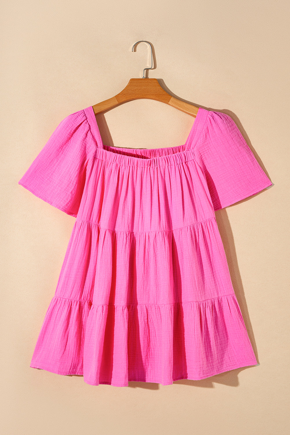 Pink Square Neck Flutter Sleeve Tiered  Blouse