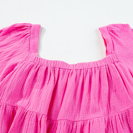 Pink Square Neck Flutter Sleeve Tiered  Blouse