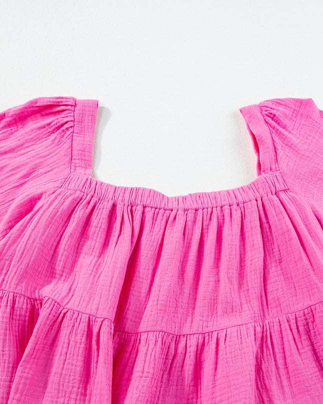 Pink Square Neck Flutter Sleeve Tiered  Blouse