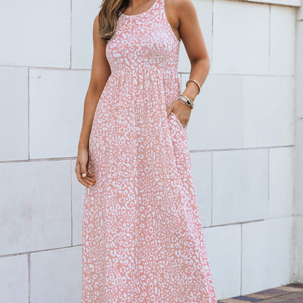 Pink Leopard Print Pocketed Sleeveless Maxi Dress