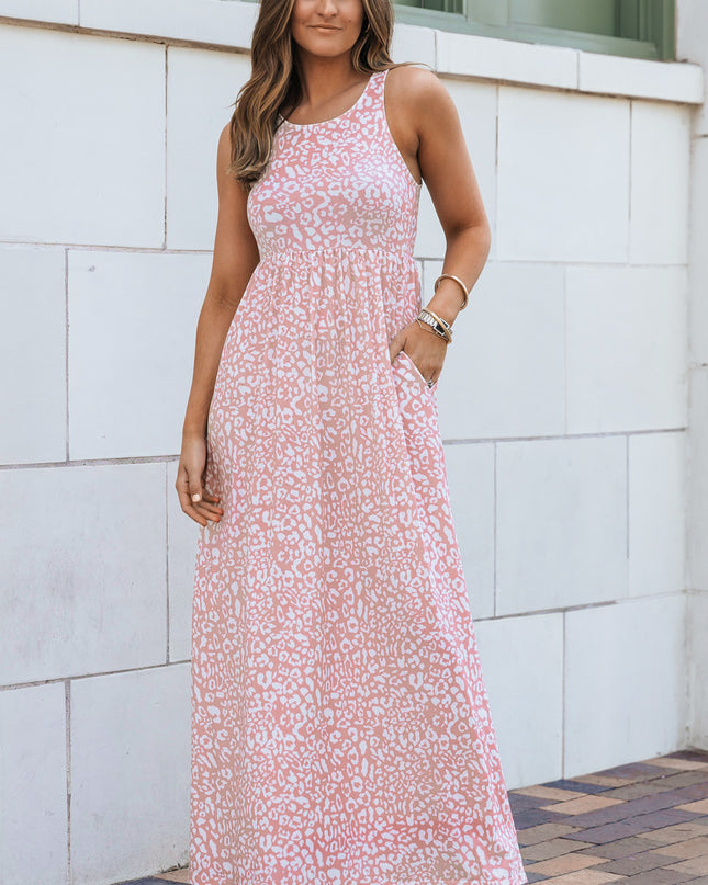 Pink Leopard Print Pocketed Sleeveless Maxi Dress