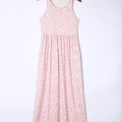 Pink Leopard Print Pocketed Sleeveless Maxi Dress